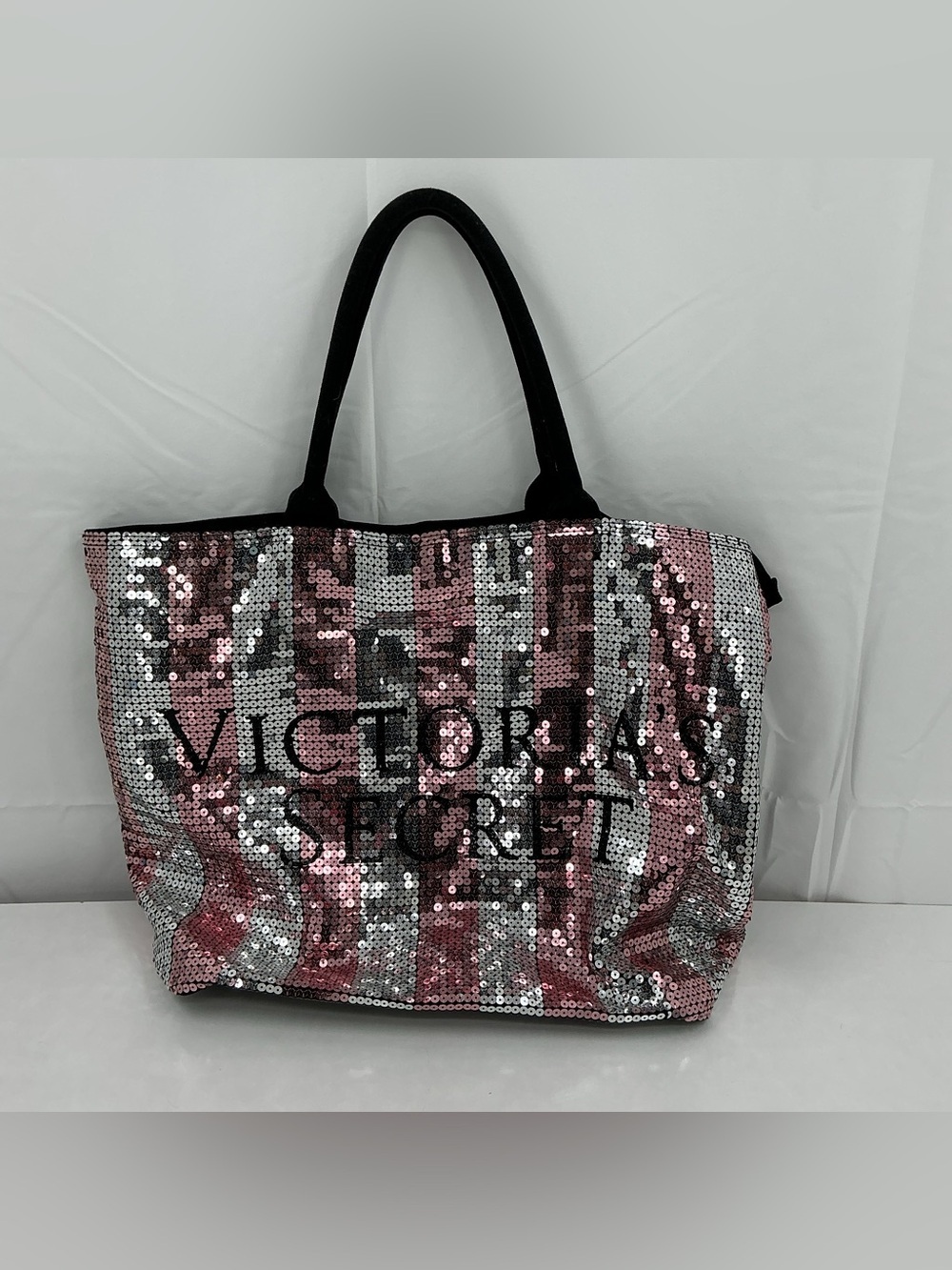 Victoria's Secret Pink and Silver Sequin Tote with Black Handles d25